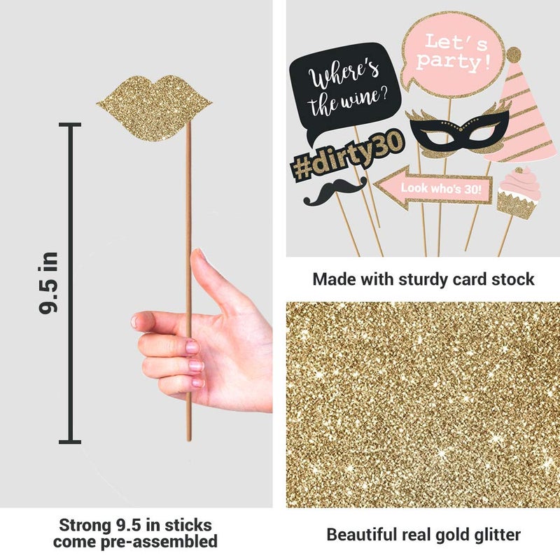 Perfect Occasion Fully Assembled 30th Birthday Photo Booth Props - Set of 30 - Pink & Gold Selfie Signs - 30th Party Supplies & Decorations - Cute Bday Designs with Real Glitter - Did We Mention No DIY - Image 4